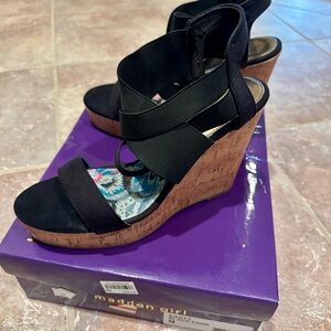 Madden Girl Black and Tan Wedge Sandals